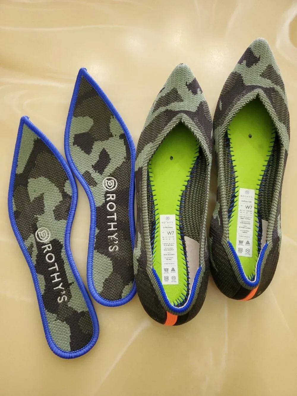 Rothy's The Point Women's Olive Green Camouflage Slip On Ballet Knit Flat Shoe 7